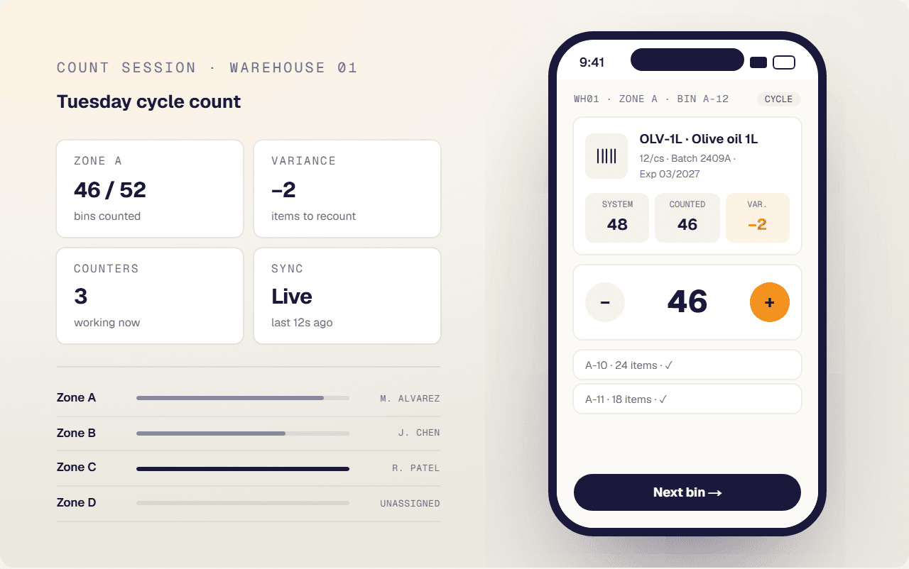 Inventory counting app on a phone showing a scanned item, system and counted quantities and a variance