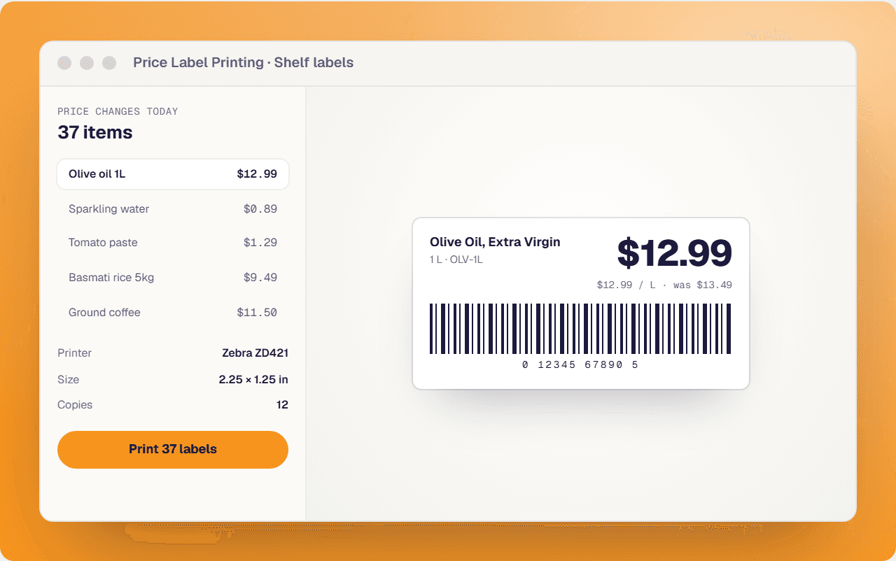 Price label printing screen with a shelf label preview, barcode and printer settings