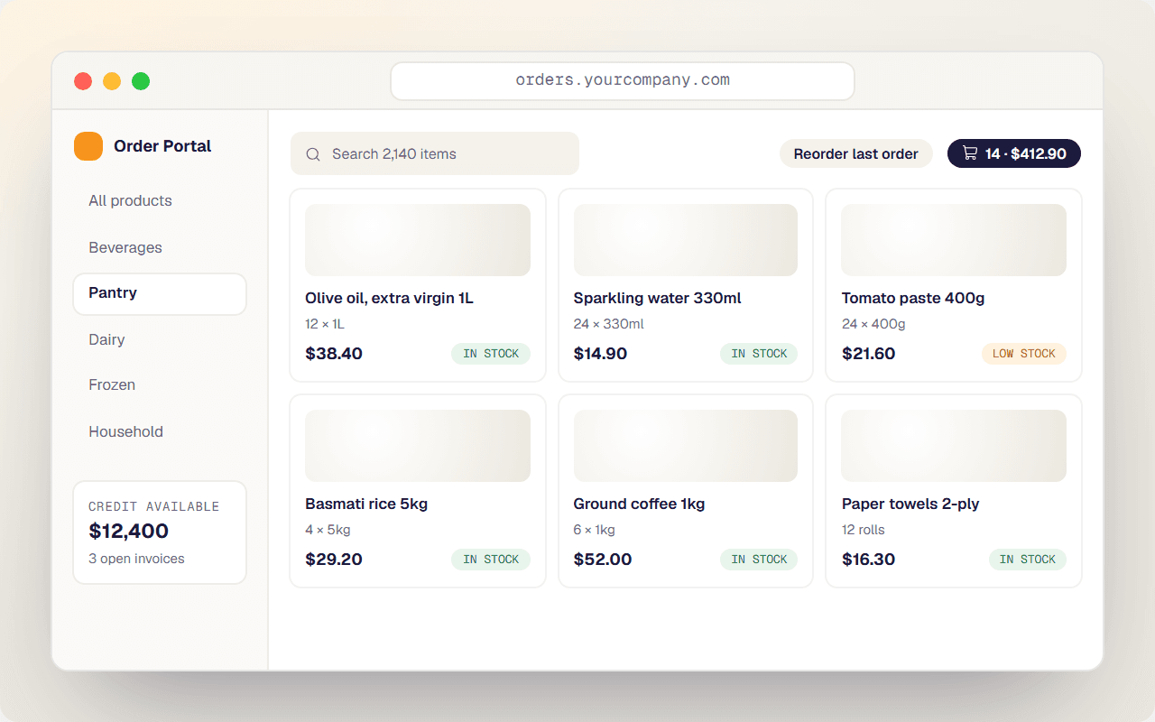 B2B ordering portal showing a product catalog with customer prices, stock status and credit available
