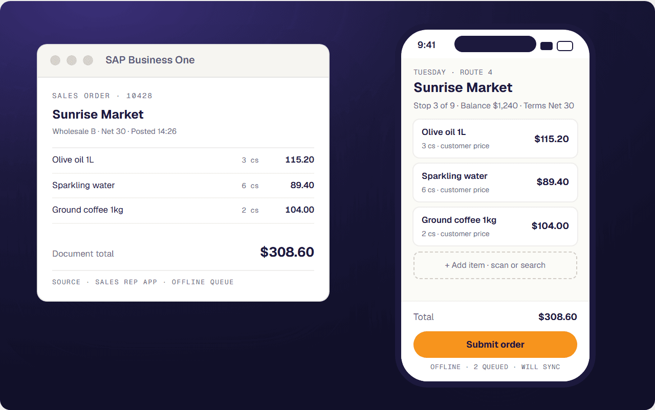 Sales rep mobile app with a route stop, order lines at customer prices and an offline sync status