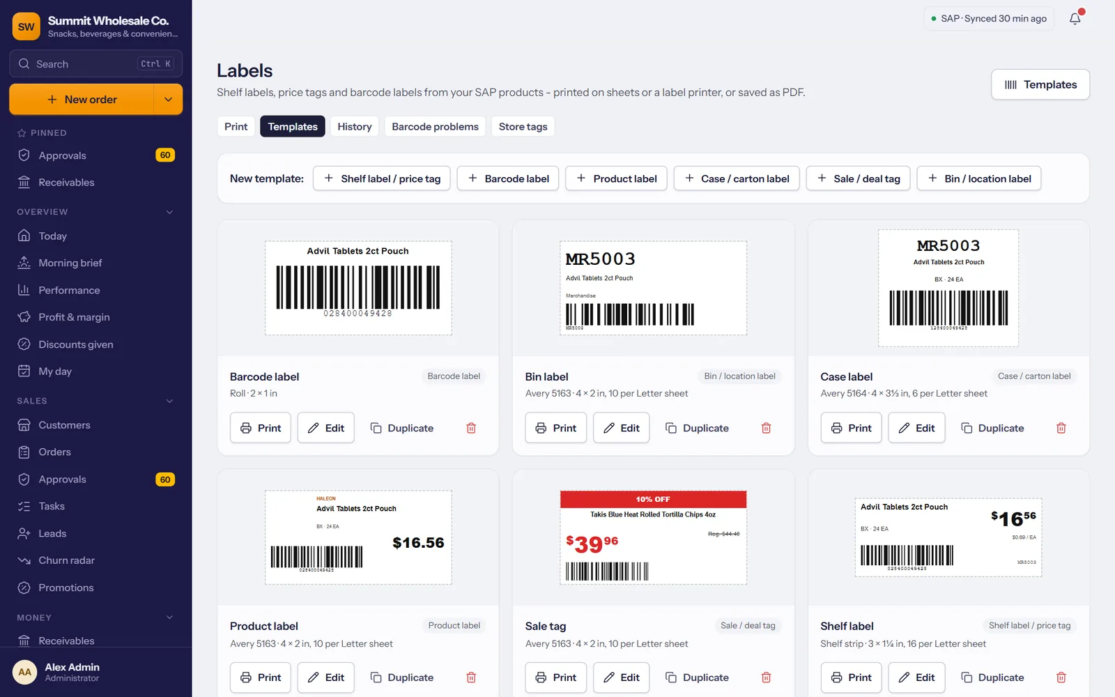TranzSales labels screen: barcode, bin, case, product, sale and shelf label templates printed from SAP items
