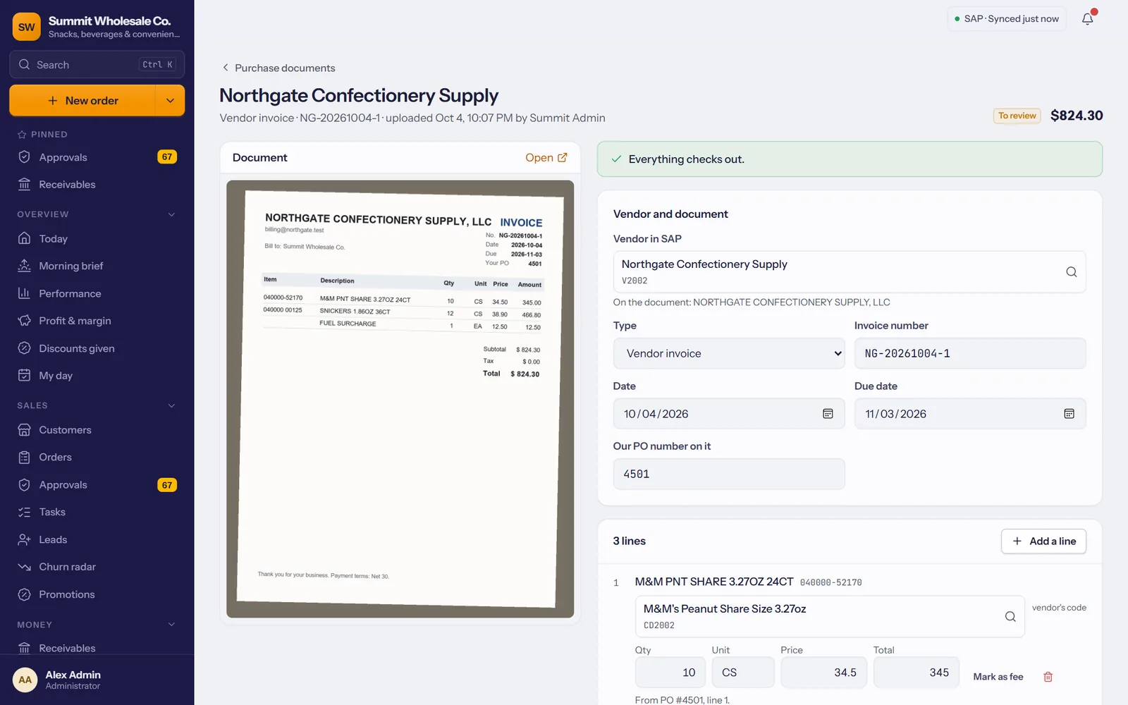 TranzSales purchasing import: a scanned vendor invoice beside the fields matched to SAP