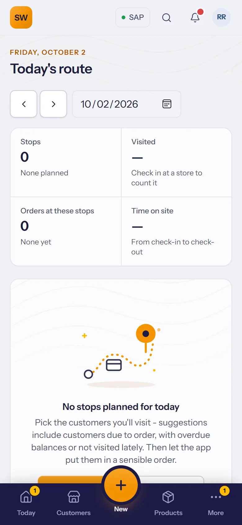 TranzSales rep app: today's route with stops, visits and orders at those stops