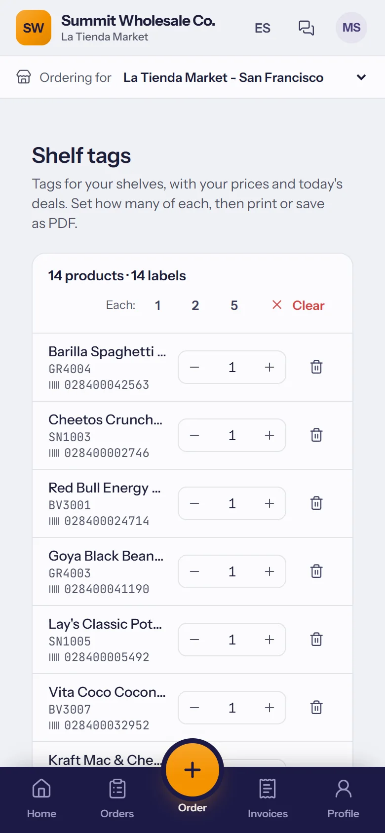 TranzSales customer portal: shelf tags with the store's prices, printed or saved as PDF