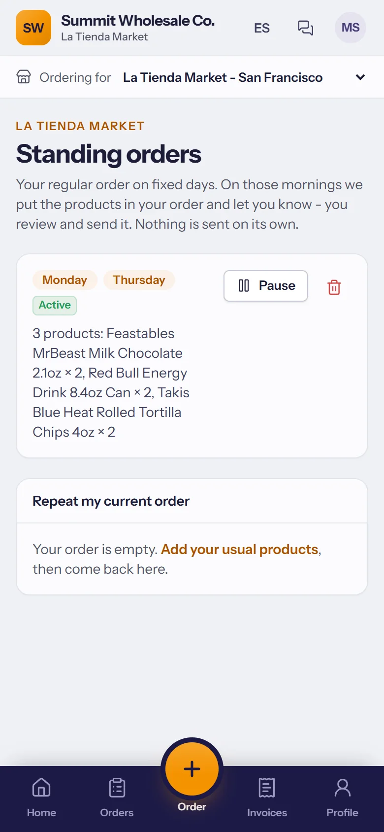 TranzSales customer portal: standing orders on fixed days, prepared for the store to review